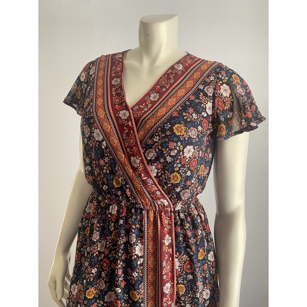 Xhilaration Dress Maxi Faux Wrap Boho/ Navy Abstract Print W/ Belt Large - Picture 5 of 9